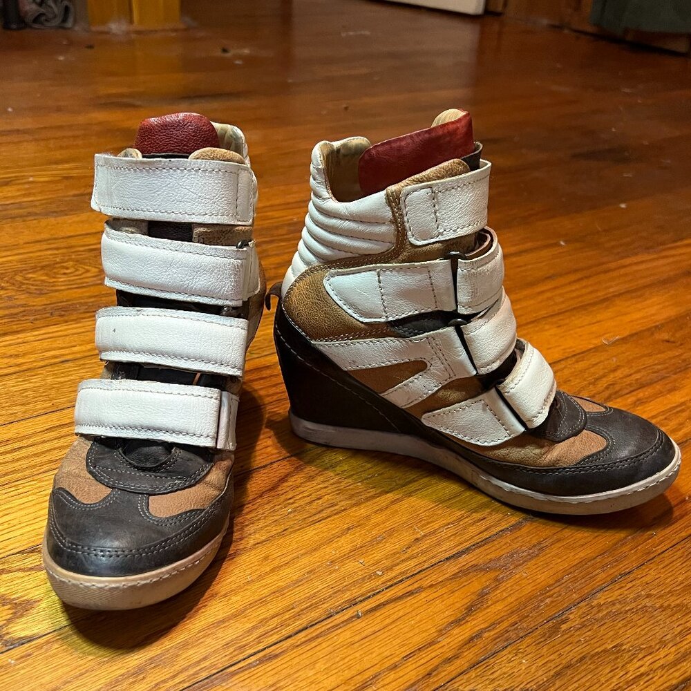 A.S. 98 Brown Leather Wedge High Heel High Top Sneakers with Velcro Straps
